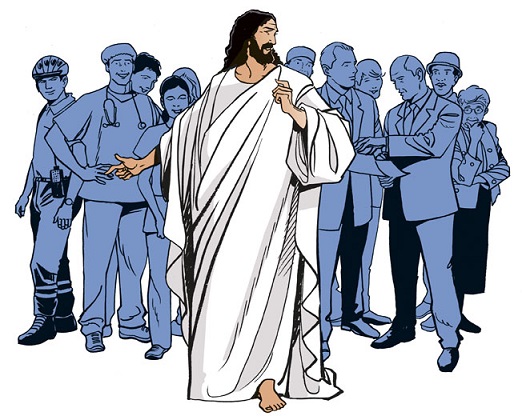 Un portrait de Jésus avec des personnes de maintenant