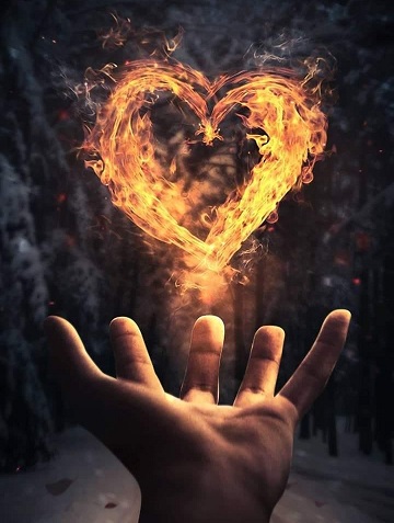 Une main et un coeur en feu stylisé