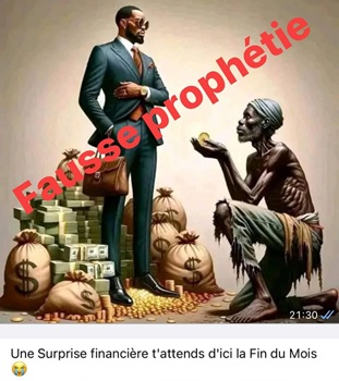 image saisie sur la page FB d’un faux prophète promettant de l’argent