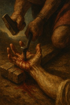 Une main clouant la main de Jésus